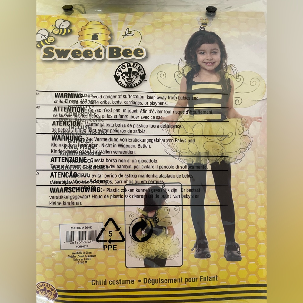 Size medium 6-8 kids 
Bumble Bee Costume.